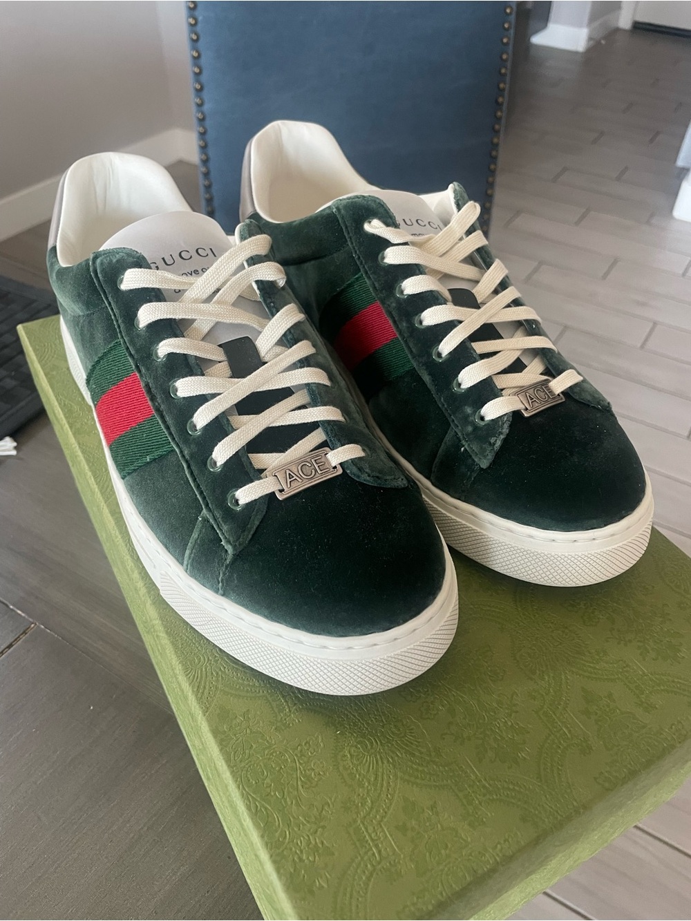 Gucci Green Velvet Sneakers with Red & Green Web Stripe